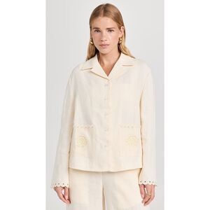 Sleeper Sophia Linen Embroidered Blouse in Cream Size Large